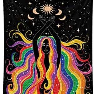 Rainbow Goddess moon phases sun solar tapestry she her flowing hair star’s